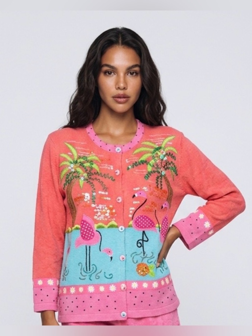 Vintage Jack B. Quick Embroidered Coral and Pink Flamingo Sequin Cardigan